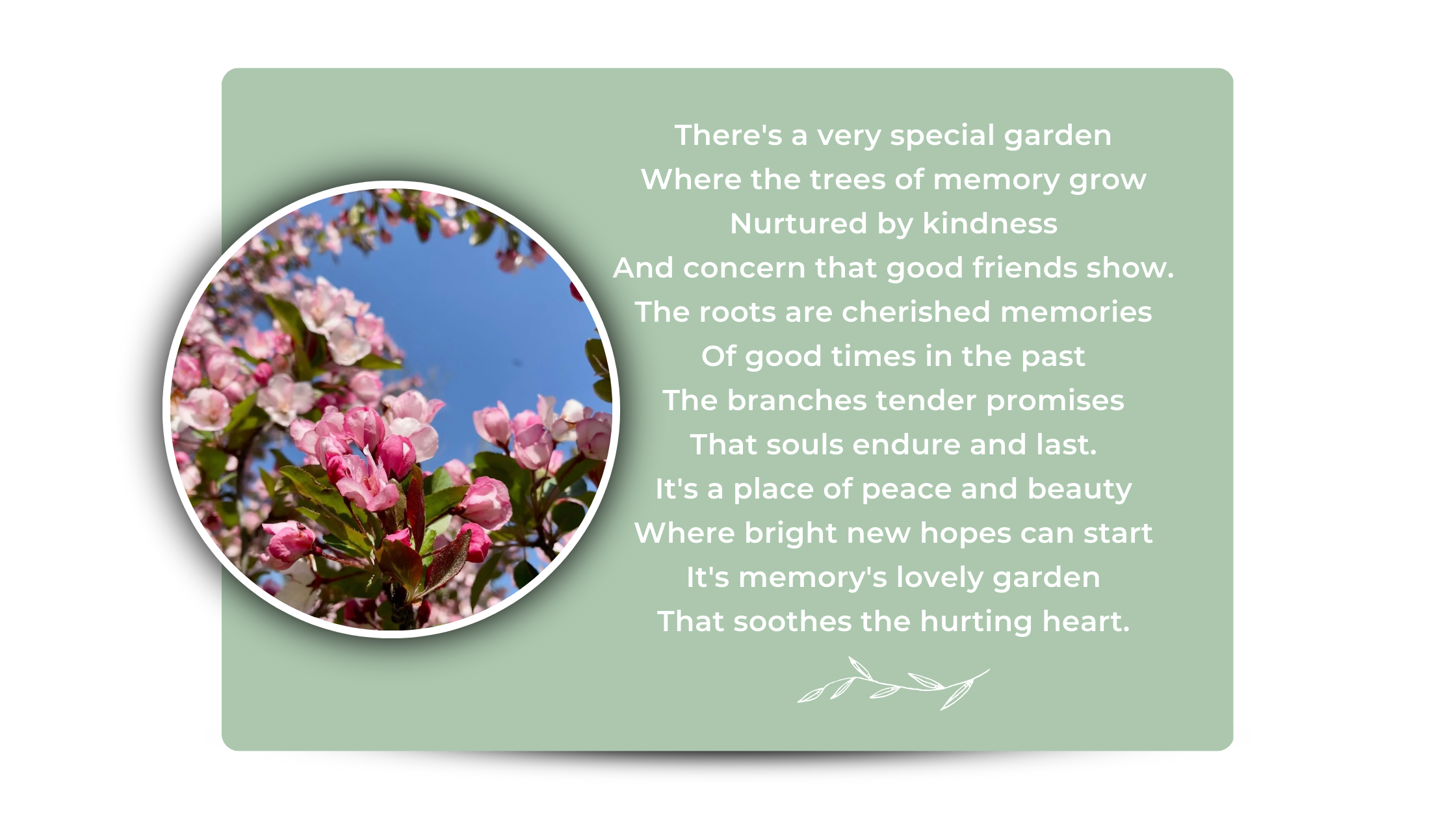 Memorial Tree Poem with an inset of pink flowers.